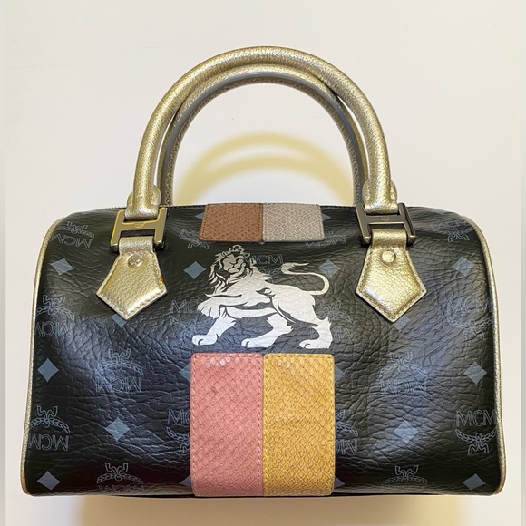 MCM Black Canvas, Snakeskin Embossed and Leather Princess Lion Boston Bag - Picture 10 of 12